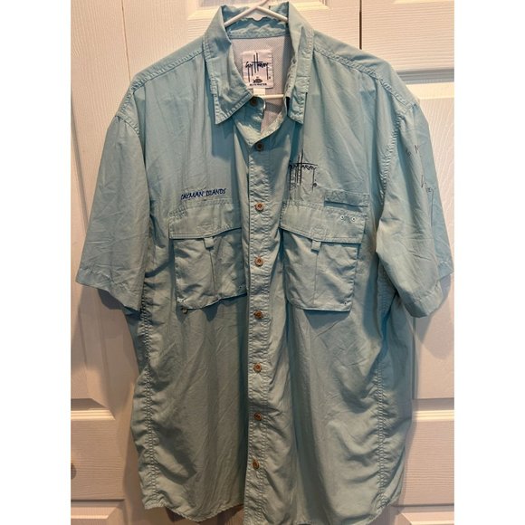 Guy Harvey Signed Autograph Short Sleeve Fishing Shirt XL Aqua Blue Nylon Vented - Picture 2 of 6